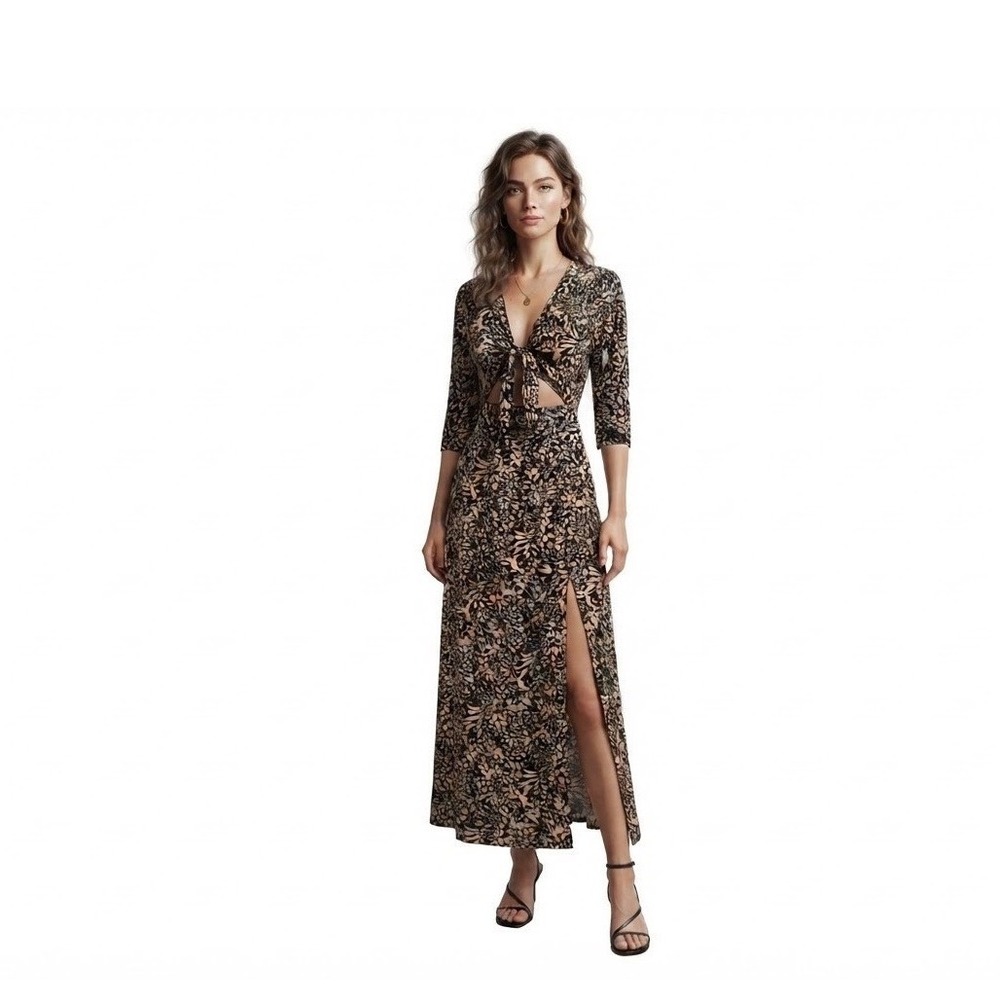 Maxi Dress Women Small Tan Black Cut Out Front Tie Good Condition vacation
